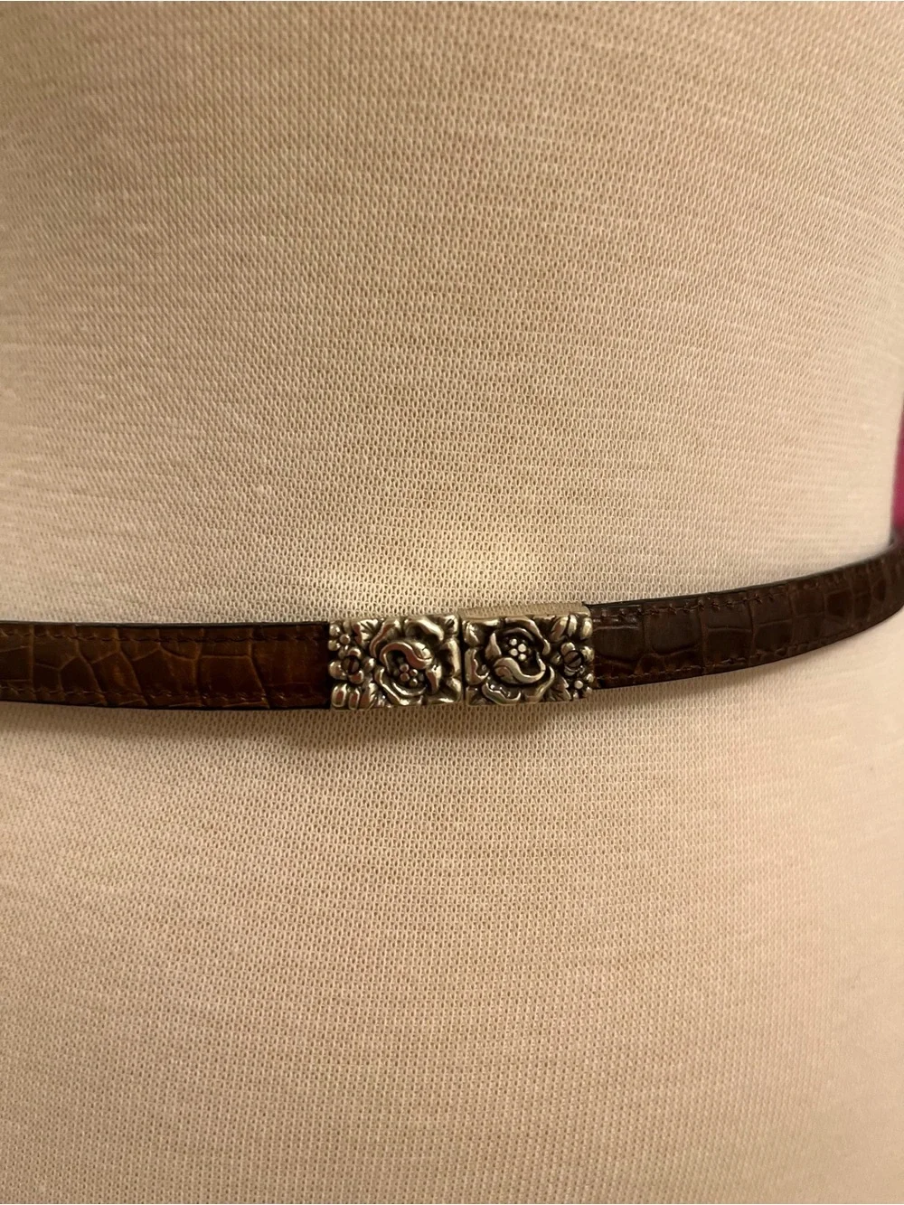 Brighton Skinny Croc-Embossed Belt with Floral Silver Buckle & Hardware